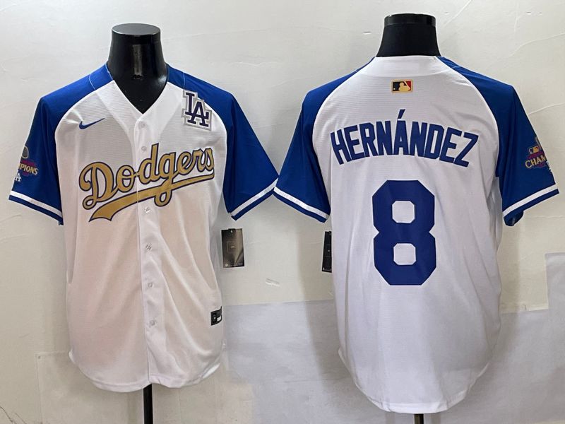 Men Los Angeles Dodgers 8 Hernandez White Blue Champion gold character Nike 2025 MLB Jersey style 5049